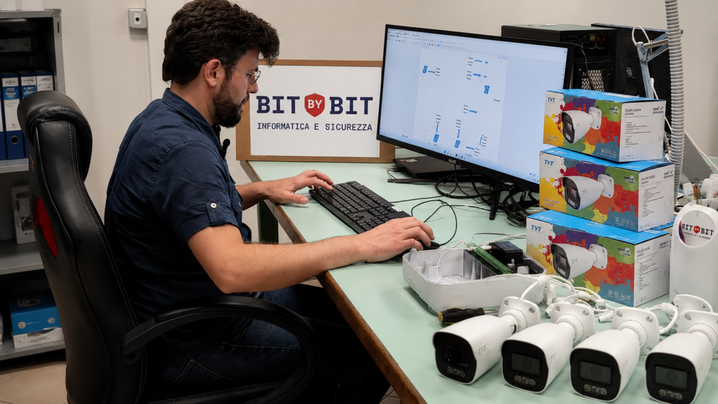 Progettazione di un impianto di videosorveglianza a Formigine: Alessandro Debbia definisce lo schema di installazione delle telecamere presso BIT BY BIT.