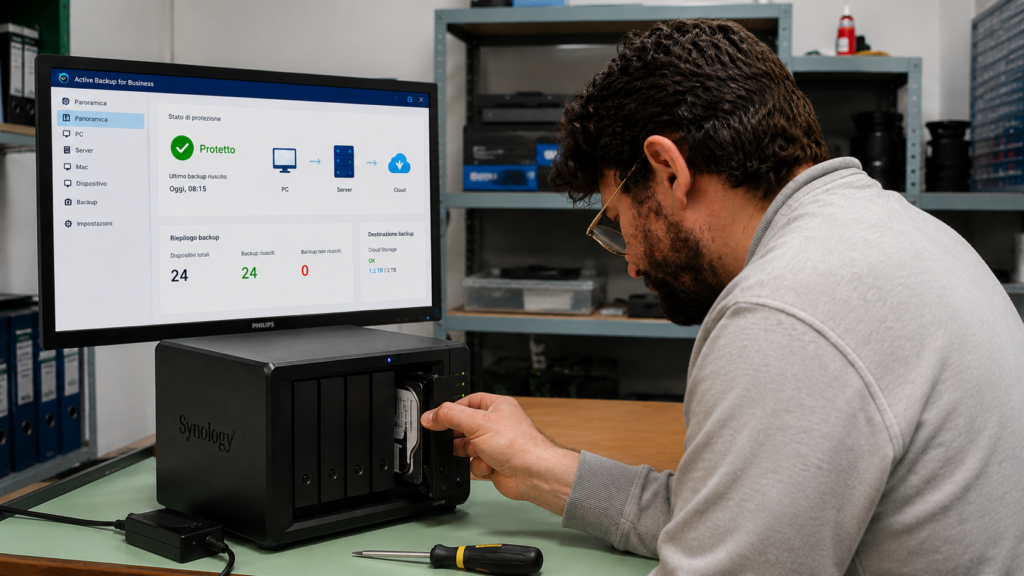 Alessandro Debbia configura un sistema NAS Synology per backup automatico e cloud, garantendo la protezione dei dati di privati e aziende presso BIT BY BIT a Formigine.