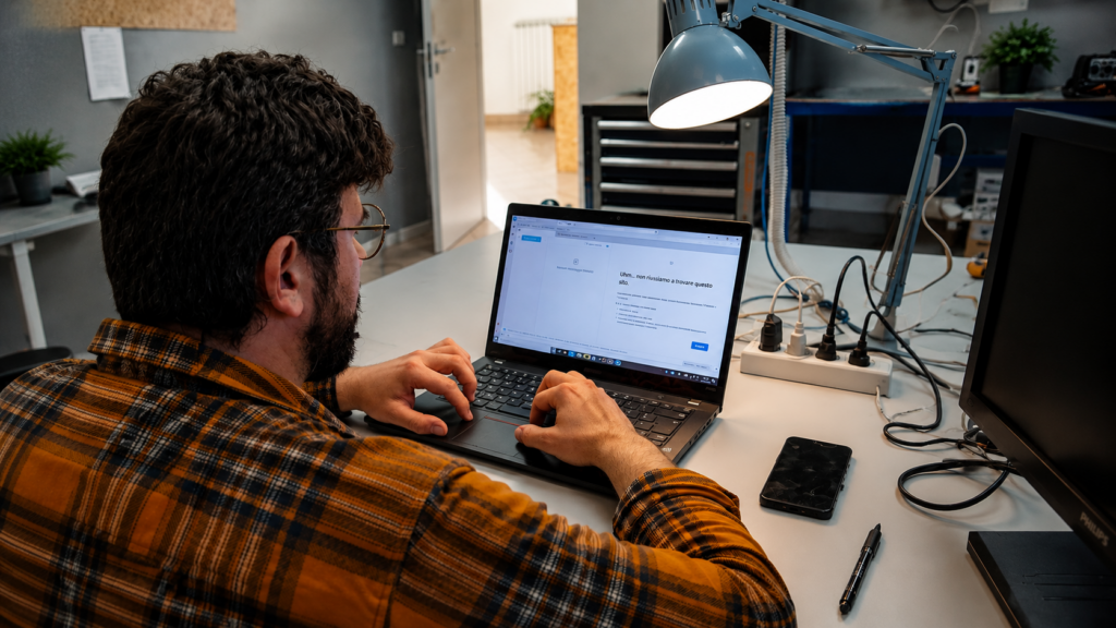 Alessandro Debbia esegue un intervento di assistenza informatica su un computer portatile presso il laboratorio BIT BY BIT a Formigine, garantendo sistemi sempre efficienti per privati e aziende.