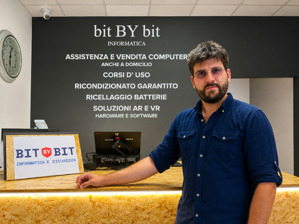Alessandro Debbia alla reception del negozio BIT BY BIT informatica e sicurezza a Formigine