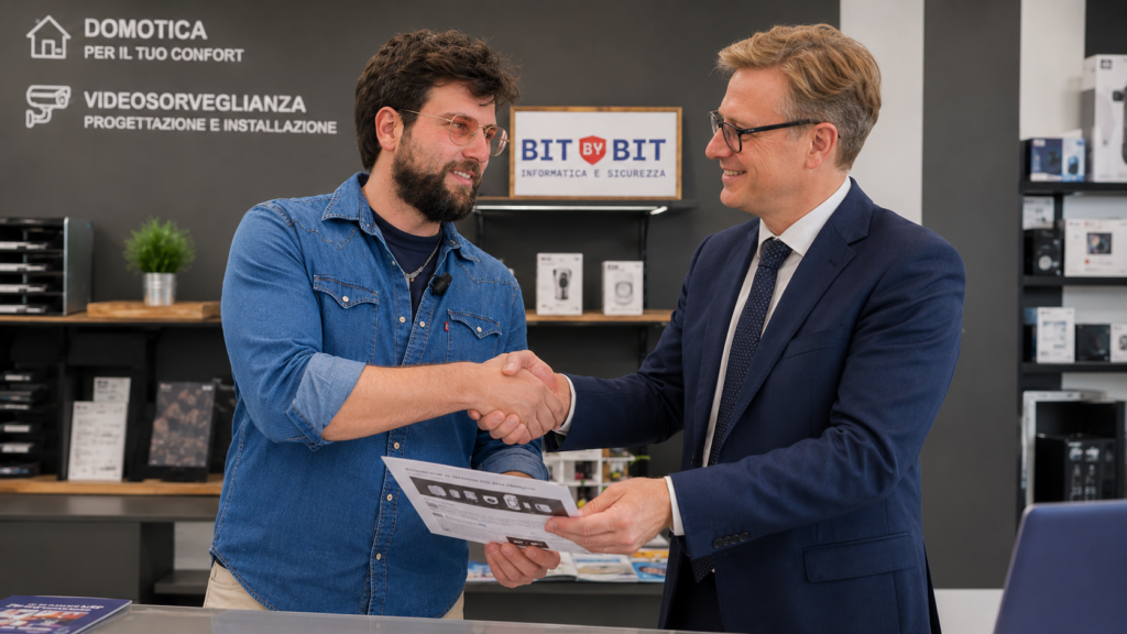 Alessandro Debbia consegna il progetto di videosorveglianza e stringe la mano a un cliente soddisfatto dopo una consulenza personalizzata presso BIT BY BIT a Formigine.