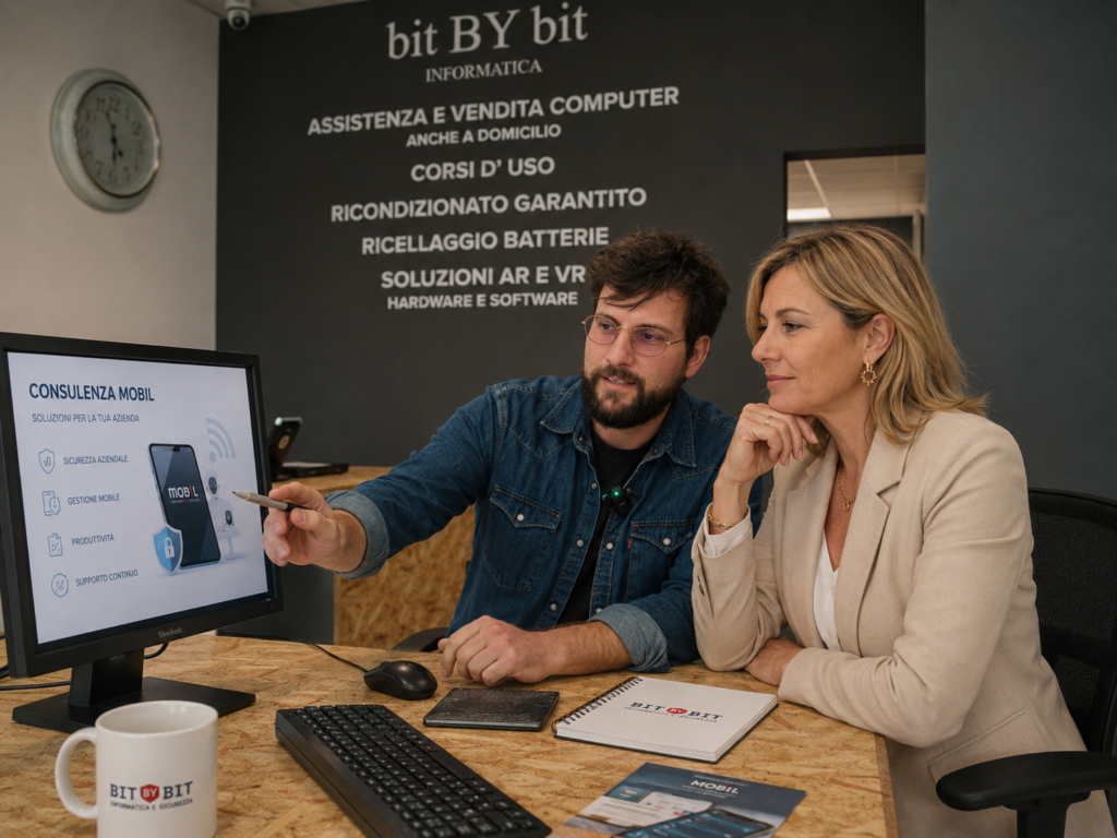 Alessandro Debbia illustra una soluzione Mobil durante una consulenza personalizzata presso BIT BY BIT informatica e sicurezza a Formigine, aiutando le aziende a gestire in modo sicuro smartphone e dispositivi aziendali.