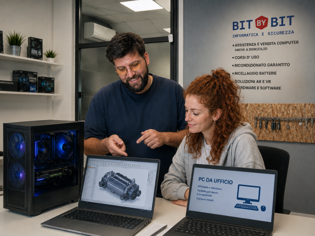 Alessandro Debbia consiglia la soluzione informatica più adatta confrontando una workstation PC per progettazione CAD e un PC da ufficio durante una consulenza personalizzata presso BIT BY BIT a Formigine.