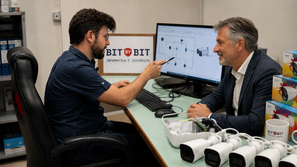Progettazione di un impianto di videosorveglianza a Formigine: Alessandro Debbia illustra al cliente lo schema del sistema e il posizionamento delle telecamere.